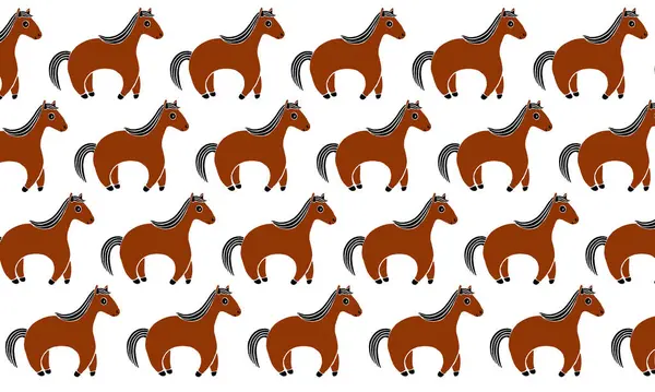 Pattern of stylized horse drawings. They are repeated in checkerboard pattern on white background. Brown color. Black tail, mane, hooves, eyes, mouth. Simplified illustration. Printmaking style. Pony.