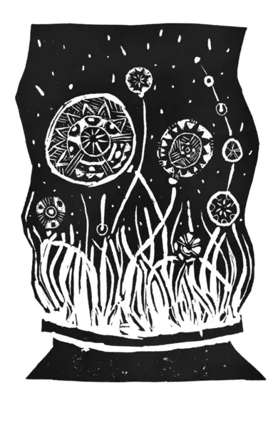 Illustration of decorative flowers and herbs. Black and white color. Below is a vase or a pot. White lines of flowers and grass emerge from there. Round, filled with ornamental flowers. Linocut. Print
