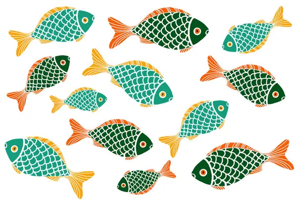 A set of stylized illustrations of fish of different sizes and colors. Chaotically located on a white background. Green, turquoise, orange, yellow colors. A simple drawing. Printmaking style.