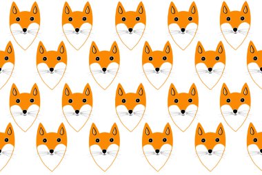 Tilki portreleri deseni. Düzenli olarak beyaz arka planda dama tahtası deseninde tekrarlanıyor. Tarzlı çizimler. Basitleştirilmiş resim. Turuncu, siyah, beyaz. Matbaa stili. Çocuk deseni.