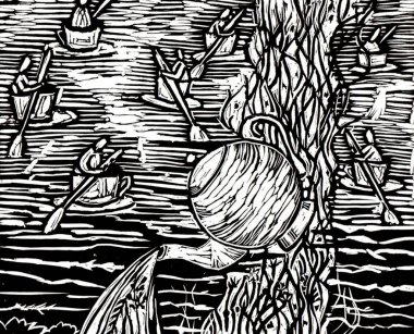 Soyut illüstrasyon. Çaydanlık, içinde insanlar ve kaşıklar olan bardaklar. Çizgiler, bitkiler, çiçekler. Linocut. Birçok elementi olan psikedelik bir kompozisyon. Siyah ve beyaz. Yazdırma tekniği.