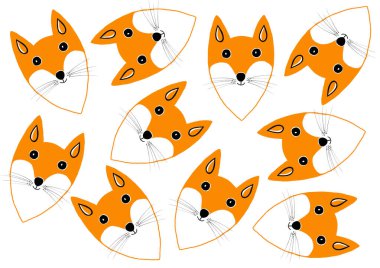Tilki portreleri. Beyaz arka planda kaotik bir yer. Tarzlı çizimler. Basitleştirilmiş resim. Turuncu, siyah, beyaz. Matbaa stili. Çocuk deseni.