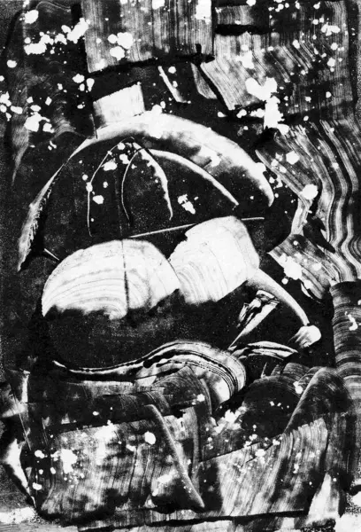 Abstract illustration. Monotype. White spots, dots, blur on black background. Random images. Mouse under an umbrella, rain. Printmaking technique. Psychology, psychedelic, mental health.