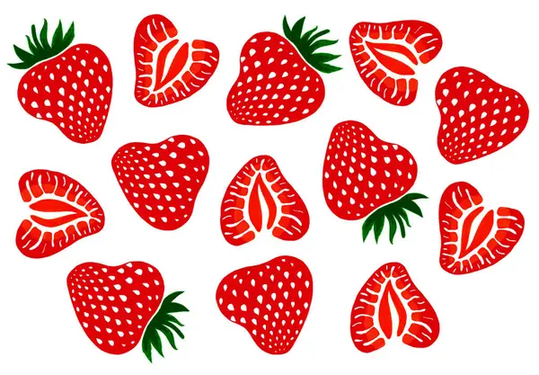 A set of strawberry berries randomly arranged on a white background. Whole and cut in half. Stylization. Red berries with white dots and green leaves. A strawberry cut in half has white veins.