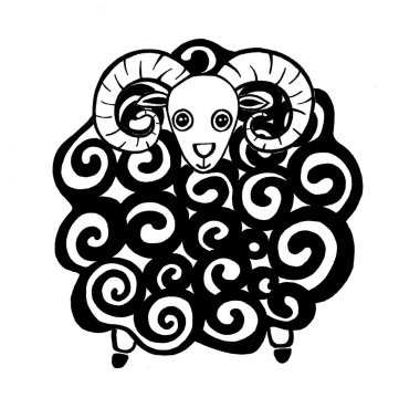 Beyaz arka planda izole edilmiş bir koç tasviri. Şekillendirme. Baş ve pençeler siyah çizgi çiziyor. Vücutta siyah spiral ve yün dokusu var. Hayvan önüne bakıyor. Yazdırma biçimi.