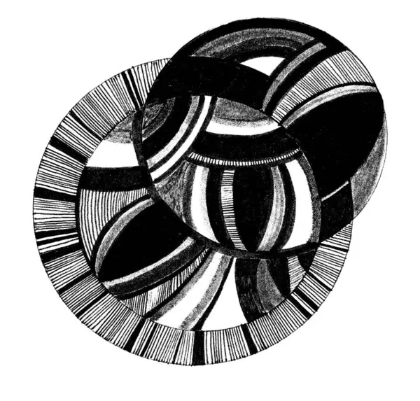 Soyut geometrik şekil beyaz arkaplanda izole edildi. Birçok elementten oluşur. Siyah renk. Üst üste binen daireler. Çeşitli çizgiler ve darbelerle dolu, geometrik şekiller.