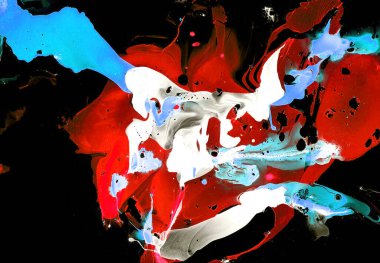 Soyut noktalar siyah bir arkaplanda rastgele düzenlenir. Kırmızı, mavi, beyaz renkler. Farklı tonlar, bulanıklık ve su sıçramaları. Mermer efektler.