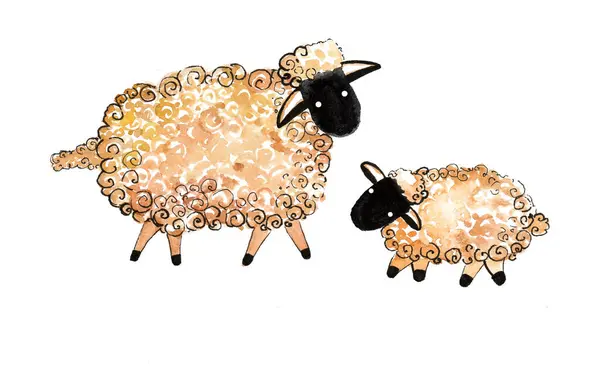 Illustration of two stylized sheep animals. Bigger and smaller. Mother and child. Watercolor, black outline. Different shades of peach color. Texture of wool from spirals. Isolated on white background