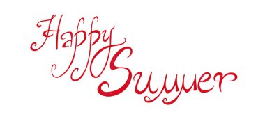 Lettering Happy Summer in red. Isolated on white background. Calligraphy. Italic font. Twisted serif letters. Greeting card. clipart