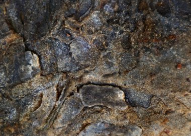 Soyut doku arkaplanı. Siyah, gri, mavi, kahverengi renkler ve gölgeler. Beyaz noktalar. Siyah kıvrımlı çizgiler. Doku taşa ya da toprağa benziyor. Malzeme. Makro fotoğraf.