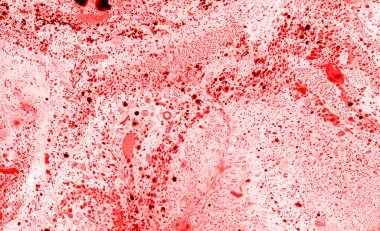 Soyut desen mermer arkaplan. Beyaz üzerine kırmızı noktalarla dolu. Kırmızının farklı tonları, pembe renkler. Ve farklı boyutlarda dağınık damlalar. Dekor, duvar kağıdı, yumuşak doku.