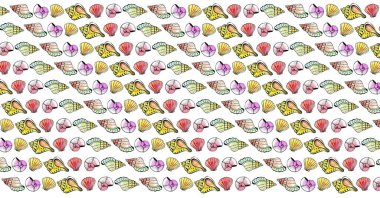 Beyaz arka planda farklı şekillerde ve renklerde kabuklar var. Mermiler düzenli olarak tekrar ediyor. Siyah çizgili ve suluboya. Sarı, kırmızı, pembe, yeşil renkler ve gölgeler.