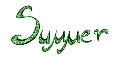 Yazılı kelime Summer. Yeşil renkli. Beyaz arka planda izole edilmiş. İtalyan yazı tipi, yuvarlak harfler. Yeşil hat. İçinde çiçekler, çizgiler, noktalar, daireler ve bukleler var..