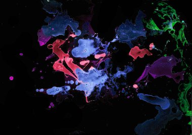 Abstract chaotic spots of different colors and shapes on a black background. Pink, purple, violet, blue, green. Different shades of colors. Marble effects and blur. clipart