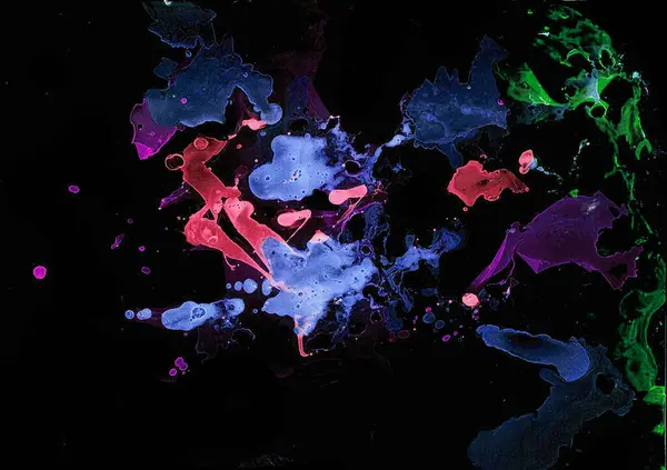stock image Abstract chaotic spots of different colors and shapes on a black background. Pink, purple, violet, blue, green. Different shades of colors. Marble effects and blur.