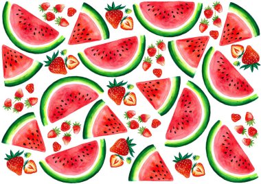 Çilek seti, karpuz. Yapraklı çeşitli çilekler. Üç köşeli, yarı dairesel dilimli karpuz. Suluboya. Farklı tonlarda kırmızı ve yeşil renkler. Beyaz arka plan. Desen.