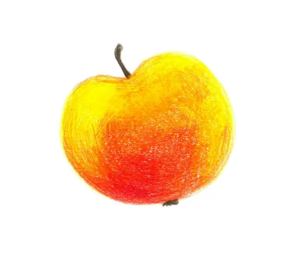 Apple beyaz arka planda izole edilmiş. Meyve renkli kalemlerle çizilir. Turuncunun farklı tonları, sarı. Çekim koyu kahverengi. Darbeleri, kalemlerin dokusunu görebilirsiniz..