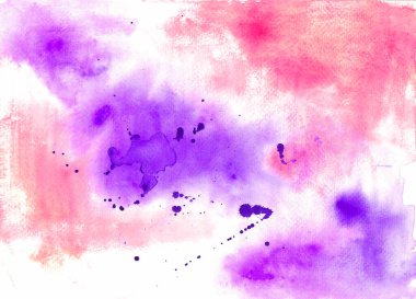 Suluboya bulanıklığı olan soyut arkaplan. Pembe, kırmızı, mor, mavi ve beyaz renklerin farklı tonlarında. Arka planda belirgin mor damlalar ve sıçramalar var..