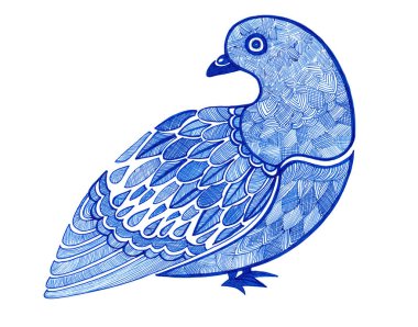 Beyaz arka planda izole edilmiş güvercin kuşu tasviri. Stilize edilmiş. Profil. Taslak çizim. Tüylerin farklı dokularıyla dolu, darbelerle çizilmiş. Mavi rengin farklı tonları.