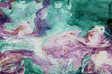 Soyut arkaplan. Kaotik noktalar. Mermer dokusu. Turkuaz rengin farklı tonları. Mor, kahverengi, yeşil ve beyaz lekeler. Renkler birbirine karışır. Farklı bulanık efektler oluştur. Dekor.