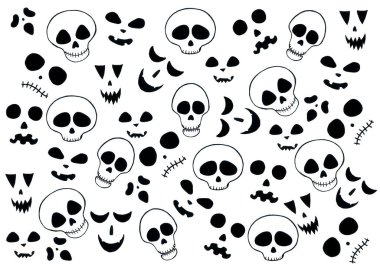 Farklı kafatasları ve korkunç yüzler. Yüzler göz, burun ve ağız şekillendirilmiş parçalardan oluşur. Farklı şekiller, rastgele yerleştirilmiş. Beyaz arka planda siyah. Cadılar Bayramı.