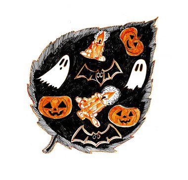 The leaflet is filled with various elements of Halloween. Jack-o'-lantern, ghosts, bats, candles. Orange, black colors. Isolated on white background. Stylized illustrations. clipart