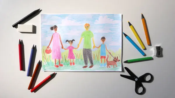 stock image Photo of childs drawing with colored pencils. Picture shows family. Mom, dad, boy, girl, dog are walking together. Mom of African American appearance. Dad is white. Pencils around. White background.