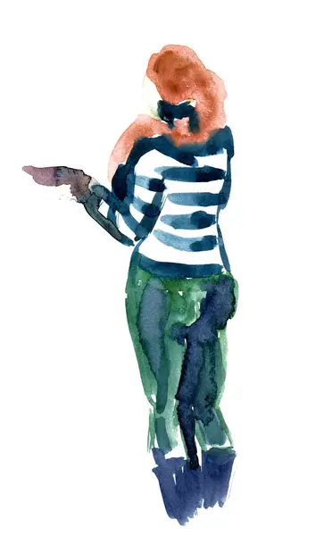 stock image Watercolor sketch of a women isolated on white background. Rear view. A girl is doing something with her hand. Red hair, blue and white striped sweater, green pants. Watercolor blur. Artschool.