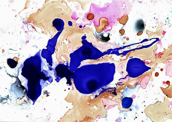 stock image Abstract background of blue, black, peach, pink chaotic spots on white. Marble effects and blur. Colors mix with each other, forming new shades and textures. Many small specks make background dirty.