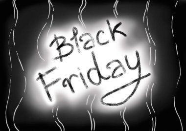 Inscription Black Friday in textured black font. It has different shades. Monochrome abstract background. Text on white background, around gradient from light gray to black. Wavy vertical white lines. clipart