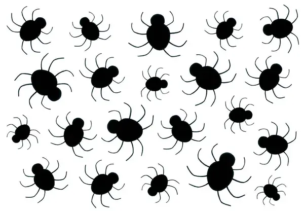 stock image A set of silhouettes of spiders of different sizes. Black color on a white background. Spiders of a large scary shape, wide legs. Simplified stylized form. Halloween, insects, fear. Doodle.