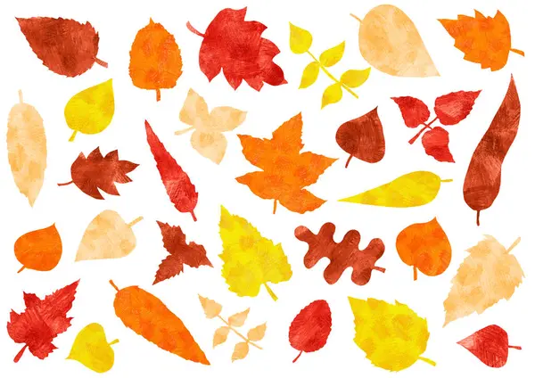 stock image Set of autumn leaves of different shapes and type of trees. Colored pencils. Strokes texture. White background. Peach, yellow, orange, red, brown. Different shades. Autumn background.