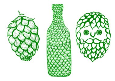 Bir dizi bira sembolü elementleri. Hops bitkisi. Şişe zıpzıp dokusuyla dolu. Sekme bitkisi şeklinde sakallı bir adam. Yeşil çizgi çizimi. Beyaz arkaplanda izole.