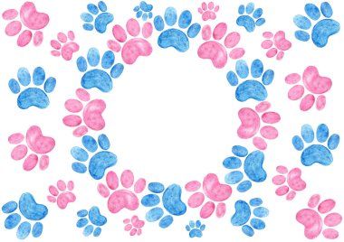 Round frame made of pet paw prints. Pink, blue color. Watercolor. Different shades of colors. White copy space and background. Paws of different sizes are randomly placed around the frame. Baby shower clipart