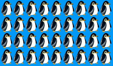 Mavi arka planda yavru penguen deseni. Şekillendirilmiş çocuk çizimi. Koyu mavi ve siyah renk. Noktalı doku. Turuncu gaga ve bacaklar. Büyük yuvarlak göz. Komik karakterler.
