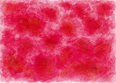 Renkli kalemlerle çizilmiş desenlerle dolu bir arkaplan. Farklı tonlarda, kırmızı, pembe, morumsu. Kaotik vuruşlar. Bazen daha doygun, bazen beyaz alan görüyor.