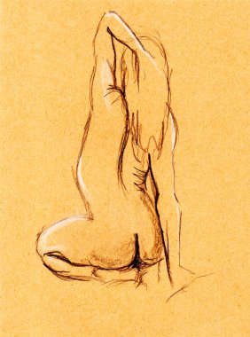 Çıplak bir kadının çizimi. Oturuyorum, arkama bakıyorum. Bir el gevşek saçlara dokunur. Plumbago. Siyah çizgili bir resim. Parlak yerler beyaz çizgilerle çizilir. Açık kahverengi el işi kağıdında izole edilmiş..