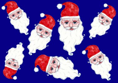 Noel Baba 'nın farklı boyutlarda portreleri kraliyet mavisi arka planda rastgele dizilmiş. Suluboya resim. Tarz sahibi karakterler. Mücevherli kırmızı bir şapka. Kocaman yuvarlak gözler. Kabarık beyaz sakal.