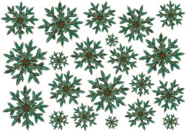 Farklı boyutlarda kar taneleri seti. Beyaz arka planda kaotik bir yer. Kar taneleri Noel ağacı dalları şeklindedir. Kahverengi, yeşil ve turkuaz renklerin farklı tonlarında. Suluboya.