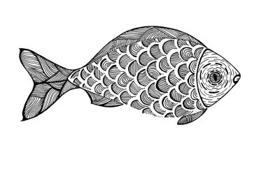 Balığın stilize edilmiş illüstrasyonu. Siyah çizgiler. Karalama. Farklı çizgilerden ve dokunuşlardan bir kontür ve doku ile çizim yapmak. Profilde, sağa bakıyor. Beyaz arkaplanda izole.