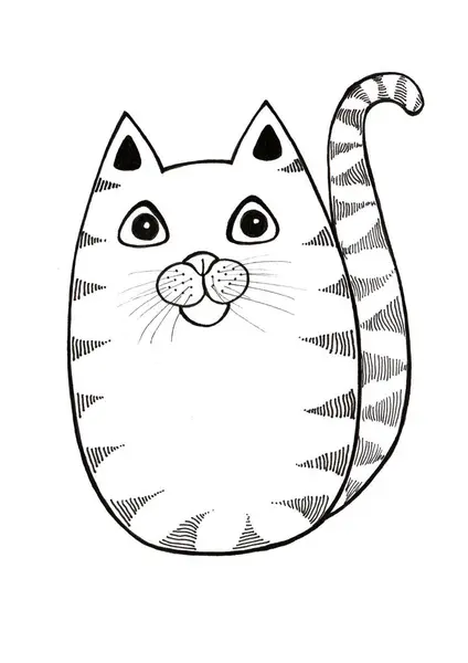 Doodle kedisi. Şekillendirilmiş illüstrasyon. Siyah çizim. Beyaz arka planda izole edilmiş. Kıvrılmış kuyruk, darbelerle çizilmiş çizgiler, üçgen gözler, gülümseme. Evcil hayvan.