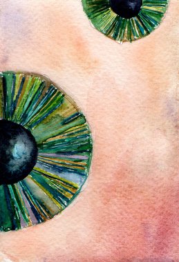 Eyes. Abstract watercolor. Two green irises of different sizes. Partially go beyond background. Details of iris of eye from stripes of different colors. Background of different shades of peach color. clipart