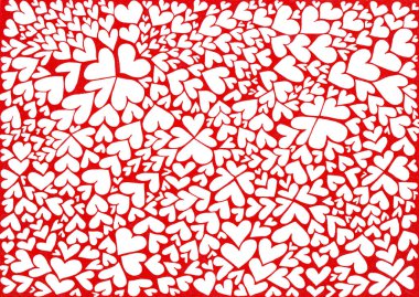 White hearts of different sizes and shapes on a red background. Placed close to each other. They form patterns. In some places, they look like flowers. Love. Romance. Valentine's Day. clipart