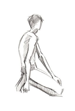 Bir adamın eskizi. Diz çökmüş oturuyor. Bir elin dizinde, diğer elin ayağında. Yüzü görünmüyor. Plumbago. Kaotik çizgiler, felçler. Beyaz arka planda izole edilmiş. Soyutlama.