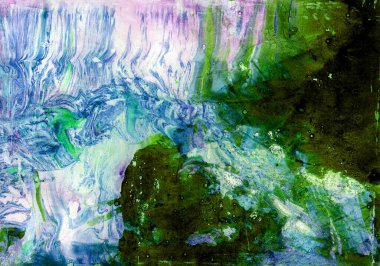 Soyut arkaplan. Yeşilin farklı tonlarında kaotik noktalar. Arka planda mavi, mor, turkuaz, beyaz mermer dokular var. Renkler kesişiyor, yeni gölgeler oluşturuyor..