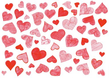 Farklı boyutlarda ve dokularda kırmızı kalpler. Beyaz arka plan. El çizimi. Karalama. Kalpler darbelerle, çizgilerle, çapraz vuruşlarla doludur. Aşkın sembolleri. Romantizm. Sevgililer Günü, Düğünler.