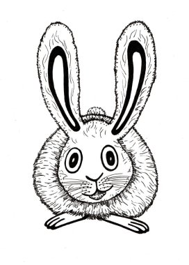 Illustration of a rabbit in black outline. Isolated on a white background. Doodle. Looking at us. Long ears. The texture of the fur is drawn with thin lines. Smiling. Monochrome. clipart