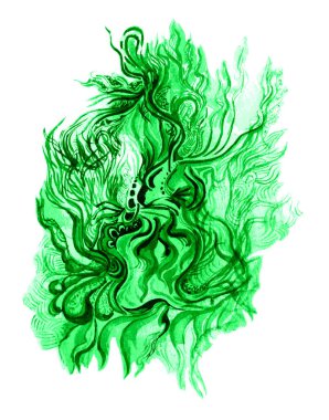 Dekoratif elementlerin soyut çizimi. Soyut çizgiler, kesişen noktalar. Bitkilere, yosunlara, otlara benziyor. Suluboya. Yeşil rengin farklı tonlarında. Beyaz arkaplanda izole.