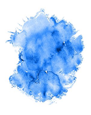 Soyut suluboya noktası. Beyaz arka planda izole edilmiş. Mavi rengin farklı tonları. Lekenin kenarlarında, ince çizgilerin, noktaların, buklelerin dekoratif unsurları..