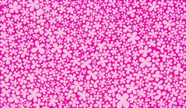 Arka plan çeşitli boyutlarda ve şekillerde basit çiçeklerle doludur. Açık pembe renk. Fuchsia pembe arka planı. Çiçekler dört, beş yapraktan oluşur. Bahar çiçekleri..